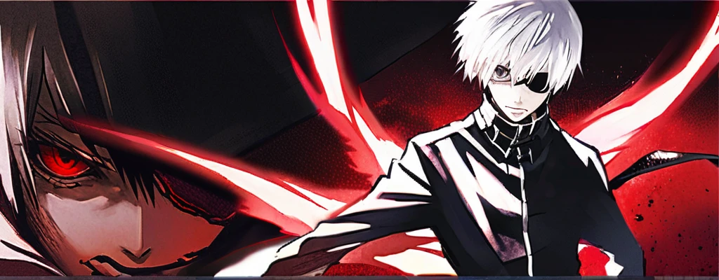 ```
ken kaneki, Tokyo Ghoul, white hair, black outfit, eyepatch, half-ghoul, serious expression, red kakugan eye, kagune tentacles, detailed face, high quality、Acrobatic、Wind-like sensation、

```