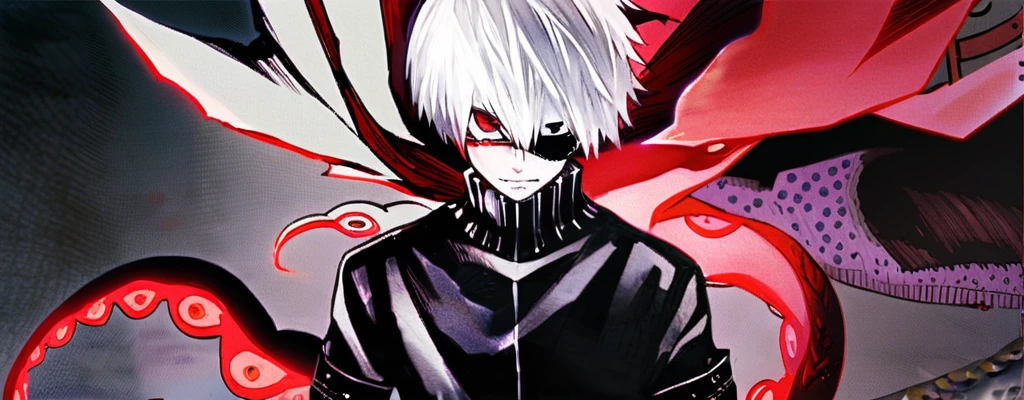 ```
ken kaneki, Tokyo Ghoul, white hair, black outfit, eyepatch, half-ghoul, serious expression, red kakugan eye, kagune tentacles, detailed face, high quality、Acrobatic、Wind-like sensation、

```