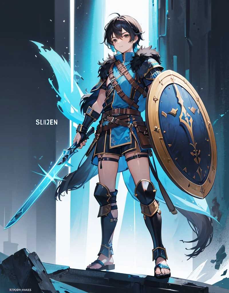 Young boy with black hair, brown eyes and fair skin, innocent and happy, wearing neon blue barbarian fur tunic, black shorts, gauntlets and sandals, weilding sword and shield, blue armor, fullbody, medieval background, boyish athletic