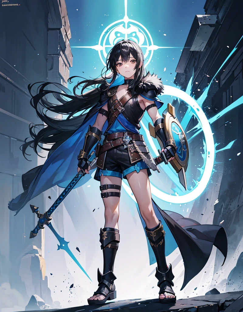 Young boy with black hair, brown eyes and fair skin, innocent and happy, wearing neon blue barbarian fur tunic, black shorts, gauntlets and sandals, weilding sword and shield, blue armor, fullbody, medieval background, boyish athletic