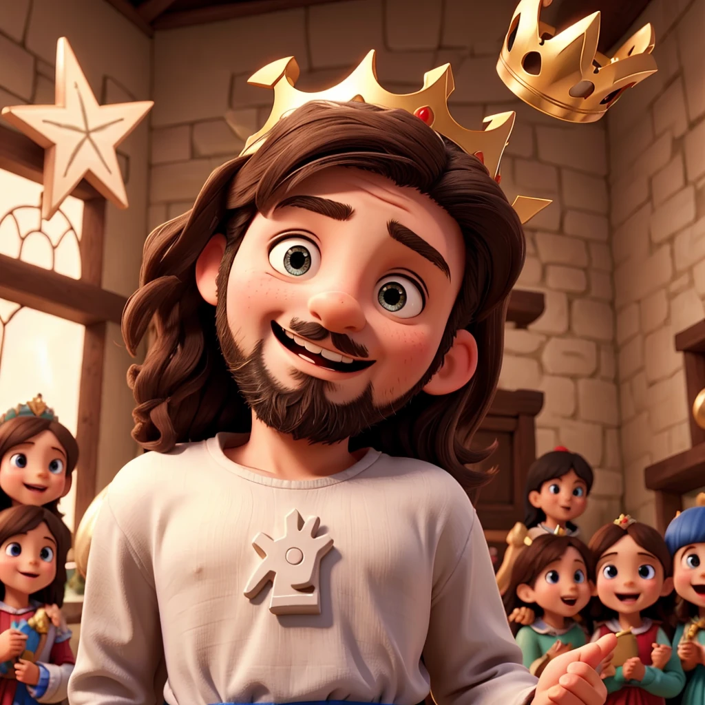 happy jesus with a crown playing with children