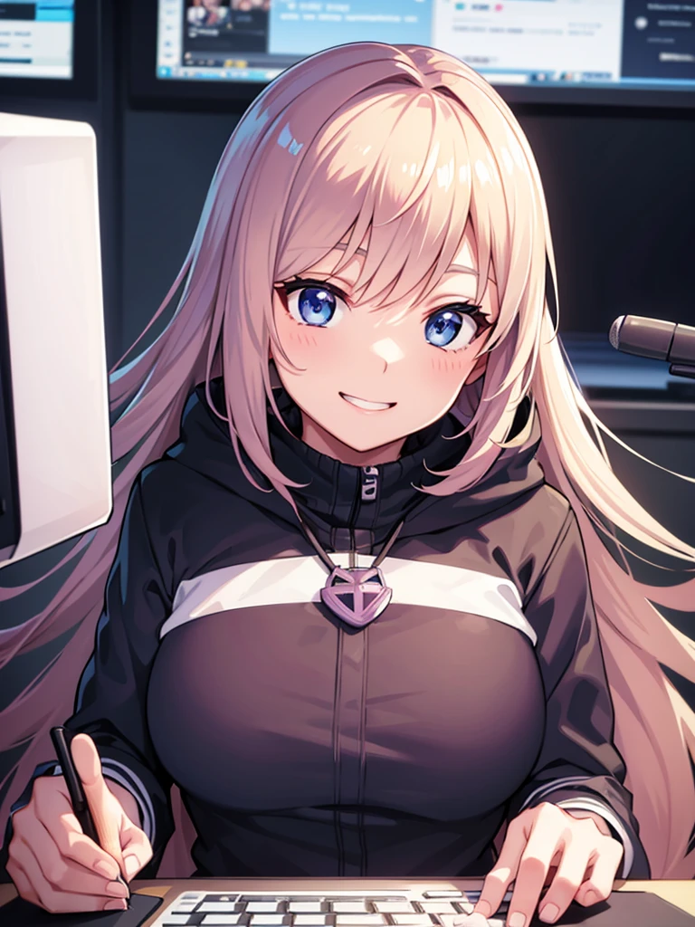 Woman sitting at a desk with a laptop and a microphone, Sit in front of the microphone, Twitch Streamer, Twitch Streamer/Gamer Ludwig, Be interviewed, An accurate portrait, Taking the lead with a smile, H3H3, With a happy expression, Precise Representation, In front of the computer, Trend Art, Shutterstock, Studio shot, Very expressive, Realistic Anime, Drawn,