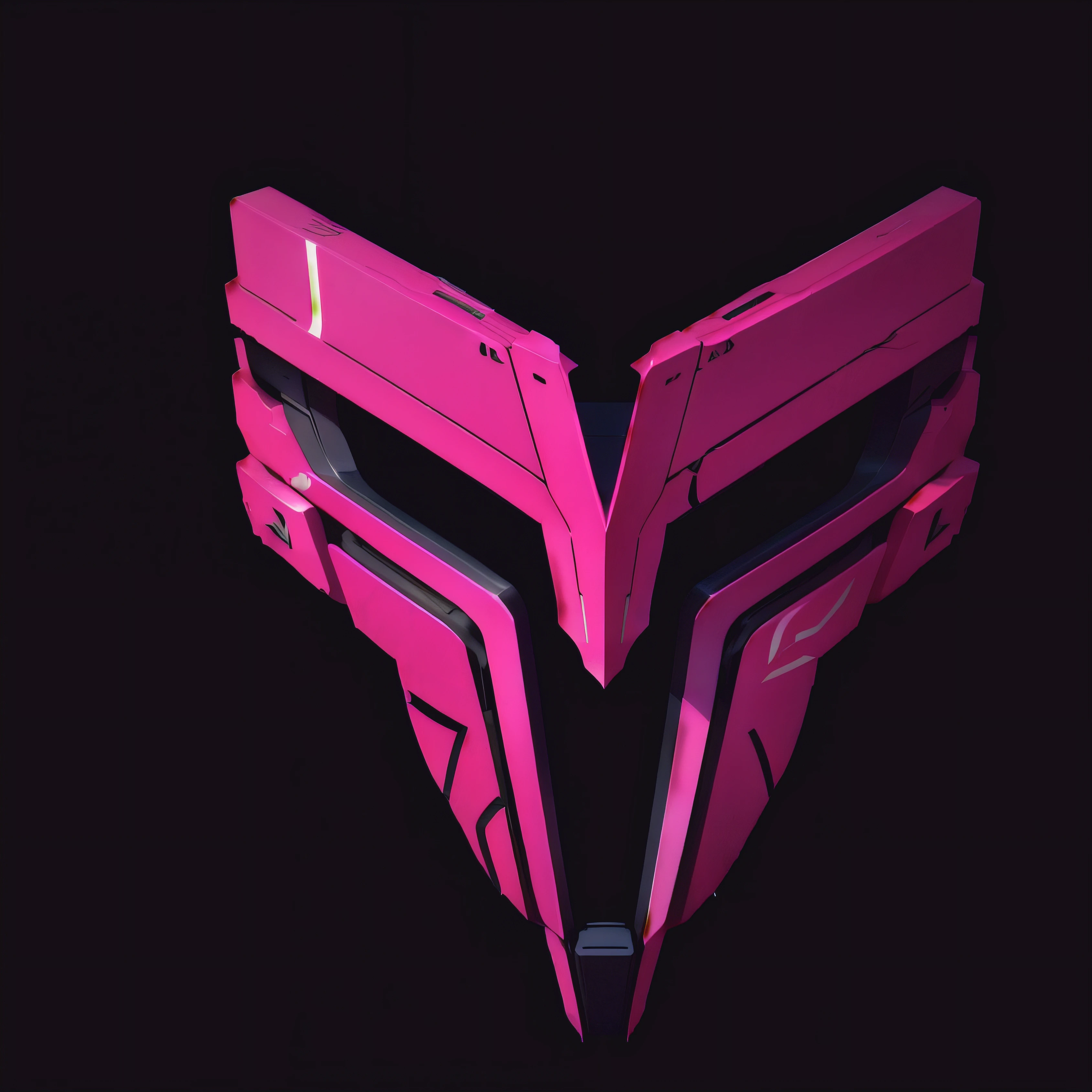 a close-up of a mask, stylized layered shapes, abstract logo, 2 color, logo in abstract style, pink and red color style, Front rear left rotated, stylized neon, 3D icon for mobile game, stylized as a 3D rendering, 2d vector logo