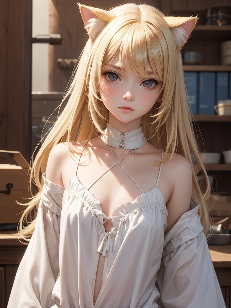 (best quality), 1girl, female, porcelain skin, blonde hair, straight hair, medium hair, swoopy tips, Flipped-up ends, brown eyes, perfect eyes, slender, , (cat ears), small bust, shy, masterpiece, anatomically correct, highres
