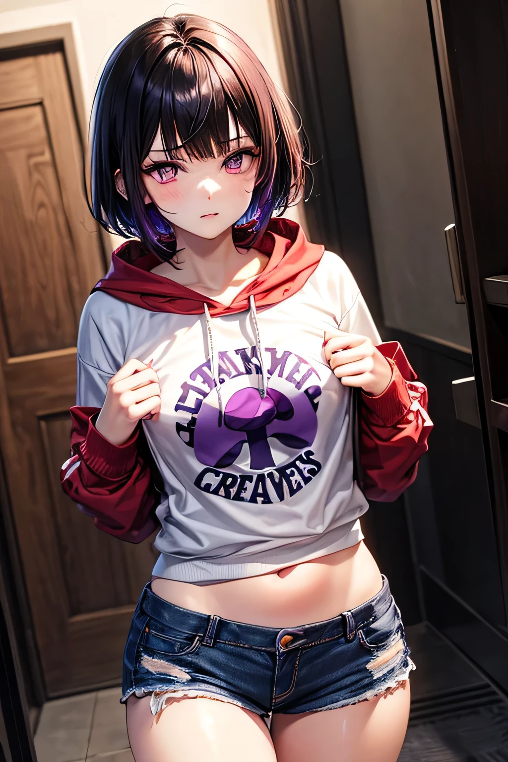 a  woman, White skin, she is a gang member. dark purple mushroom cut hair purple asian eyes, He wears a sweatshirt with a red crow logo that says "Crimson Ravens"  Her breasts are marked, wears short shorts
