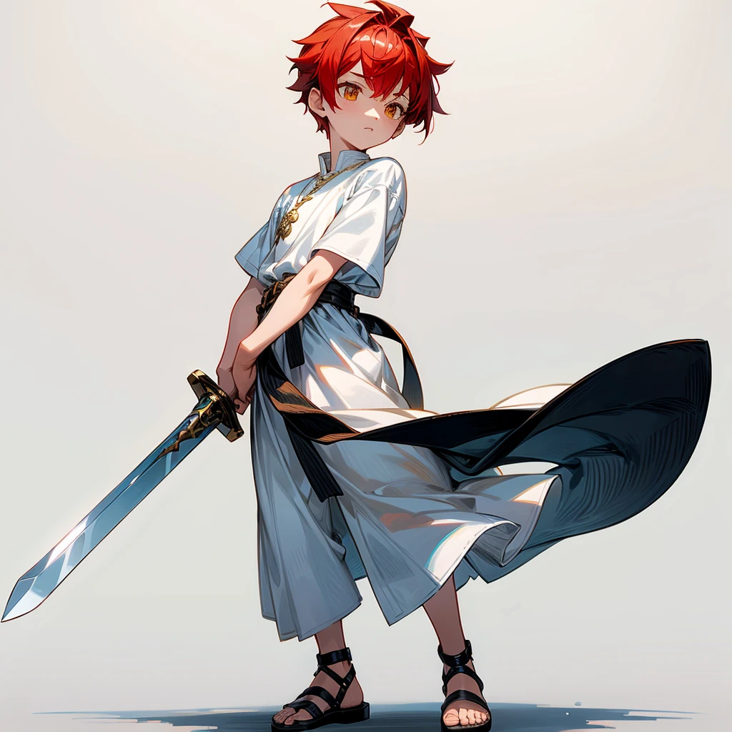 1little boys, Full body version, gold eyes, undercut hair, red colour hair, plain full white tunic Roman clothing, short sleeve shirt, gladiator sandals, plain sword in hand, Grassroots background 