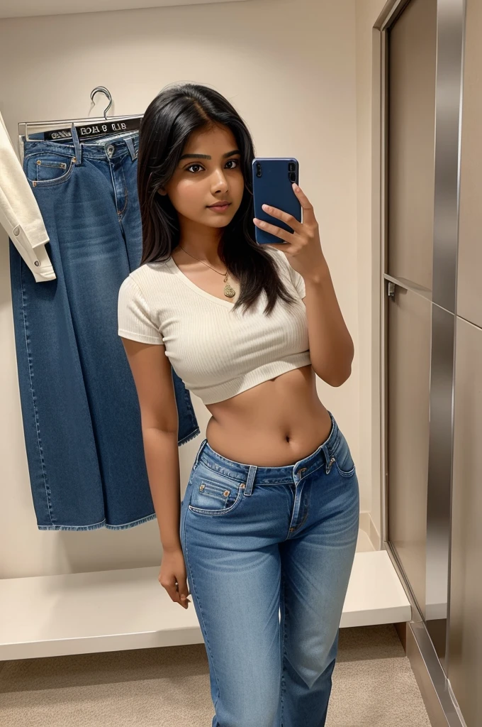 A Indian girl take a selfie in trial room, she pari a jeans pant with a ladies shart, her phone model is Vivo y15