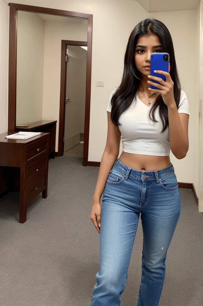A Indian girl take a selfie in trial room, she pari a jeans pant with a ladies shart, her phone model is Vivo y15
