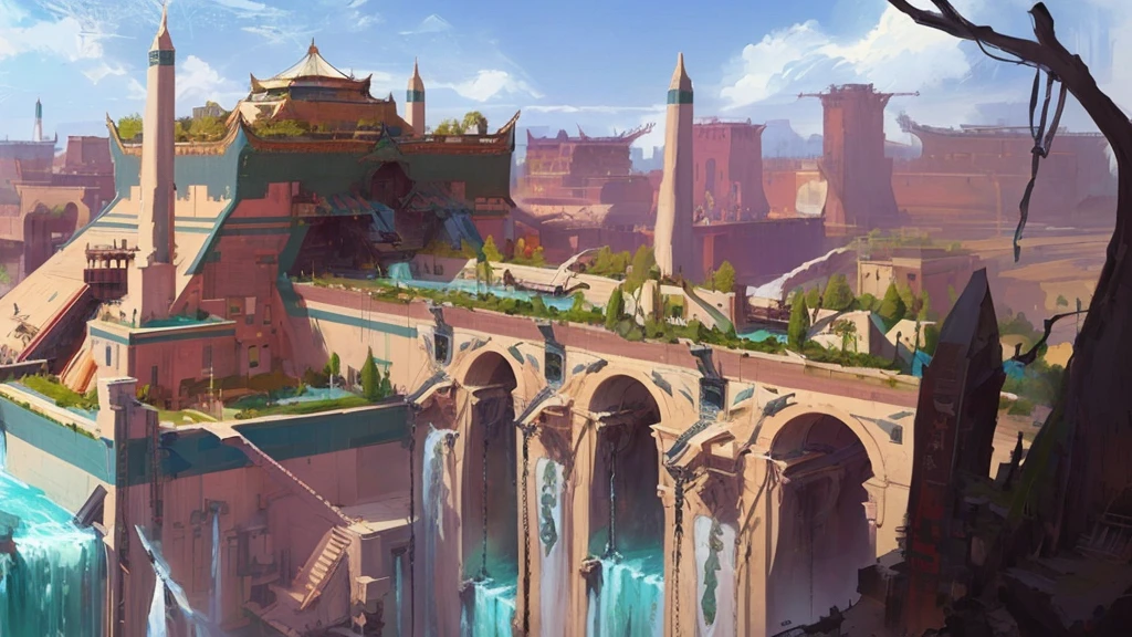 There is a painting，There is a city in the painting，There is a waterfall and a bridge inside, 卡拉德许Concept Art. Mechanical, 游戏Concept Art, Concept Art, 城市Concept Art, 环境Concept Art, 奇幻Concept Art, Concept Art, Concept Art世界, 环境Concept Art, Concept World Art, 戏剧Concept Art, 环境和Concept Art, Concept Art