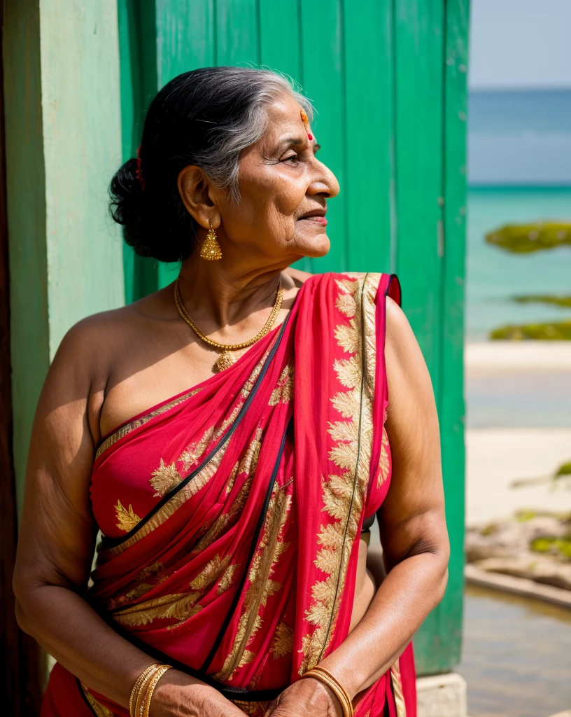Old desi woman in black bikini, large breast