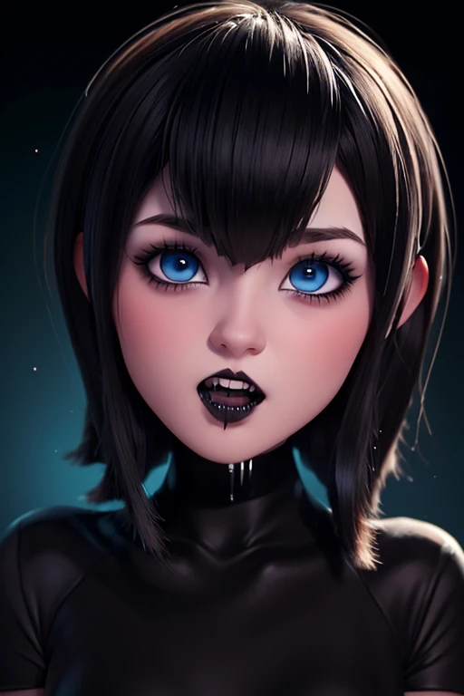 Masterpiece, Best Quality,  gothic girl ,bite,  impresionantes teeth fangs,  perfect detailed 12k, perfect asymmetrical and detailed face, blue eyes white skin ,gothic makeup,  short black hair with bangs, full HD imagen 1.2 full body 