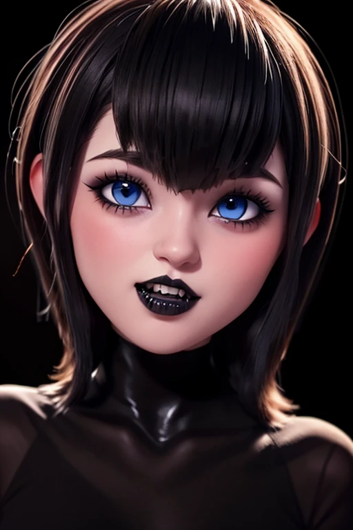 Masterpiece, Best Quality, gothic girl ,bite, impresionantes teeth fangs, perfect detailed 12k, perfect asymmetrical and detailed face, blue eyes white skin ,gothic makeup, short black hair with bangs, full HD imagen 1.2 full body