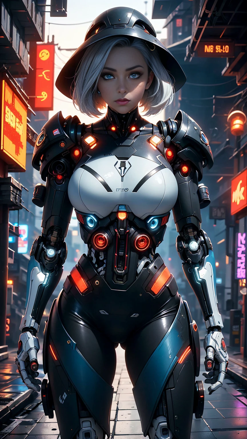 Ultra realist CG K ,((premium、8k、32k、Masterpiece、NFFSW:1.3)), (superfine illustration)、(super high resolution), (((adult body))), (Masterpiece, Best Quality:1.2),(La Best Quality,A high resolution,Ultra - detailed,actual) ,close-up Ariana Grande cyborg with red leather pants, yellow top, long white gray hair, (alien invasion background alien ships:1.4), (beautiful blue eyes big stones black:1.4) , (cowboy pose ), (realist) ,High quality 8K detailed art, Fanart Mejor ArtStation, fantasy art style , (white cyborg:1.4), (apocalyptic city cyberpunk colors:1.4)