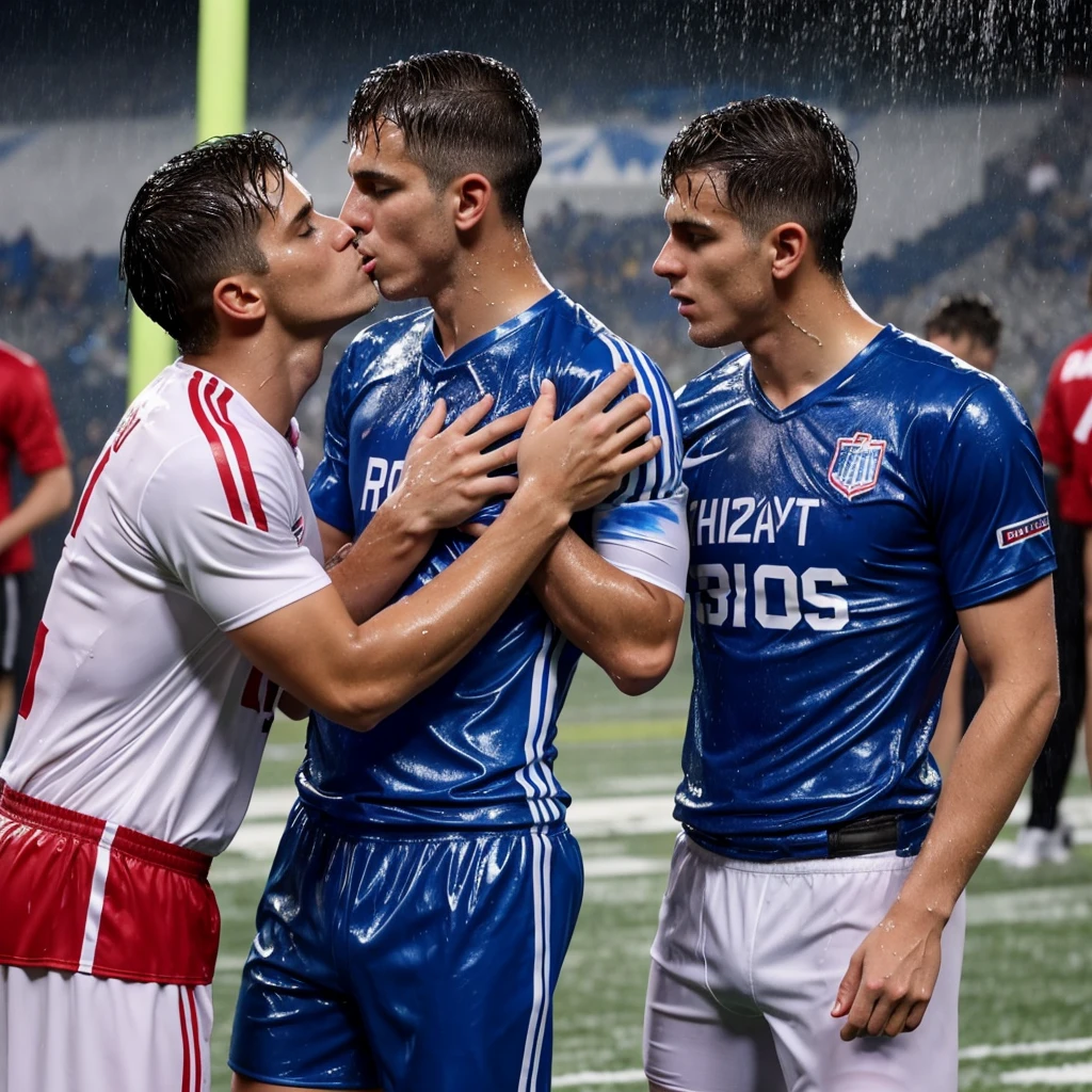 soaked twenty year old men wearing wet football jerseys with soaked hair wearing soaked uniforms. several men in soaked jereseys pour buckets of water over them. Wet shirts. Wetlook. Sensual. Kissing. Homosexual. Wet clothes. Wetlook.