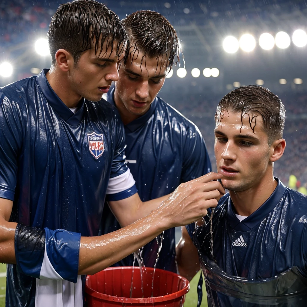soaked twenty year old men wearing wet football jerseys with soaked hair wearing soaked uniforms. several men in soaked jereseys pour buckets of water over them. Wet shirts. Wetlook. Sensual. Kissing. Homosexual. Wet clothes. Wetlook.