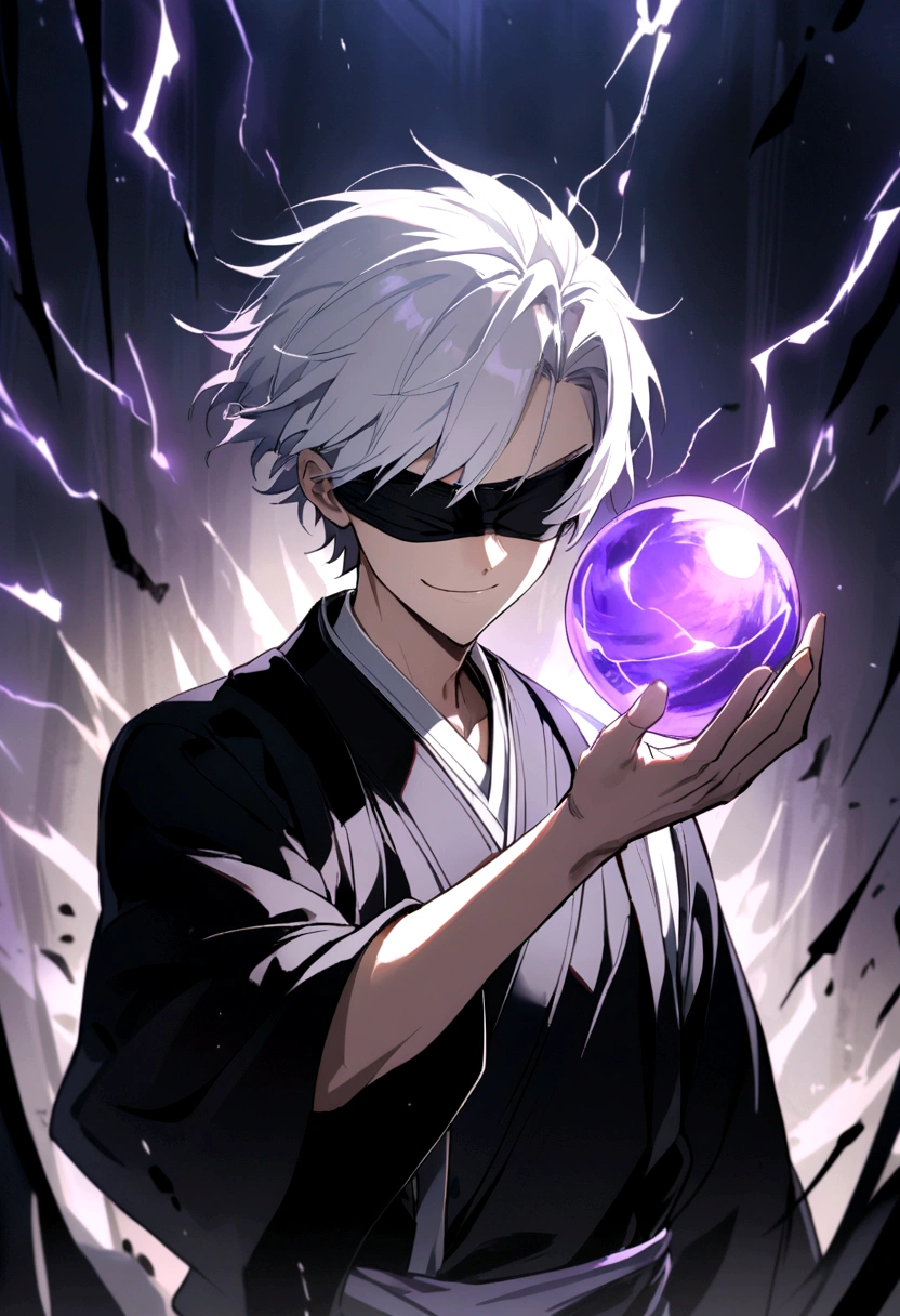 a young man, white short hair, wearing a blindfold, black kimono, hand extended, holding a purple glowing magic sphere that emits lightnings and rays, with a smirk