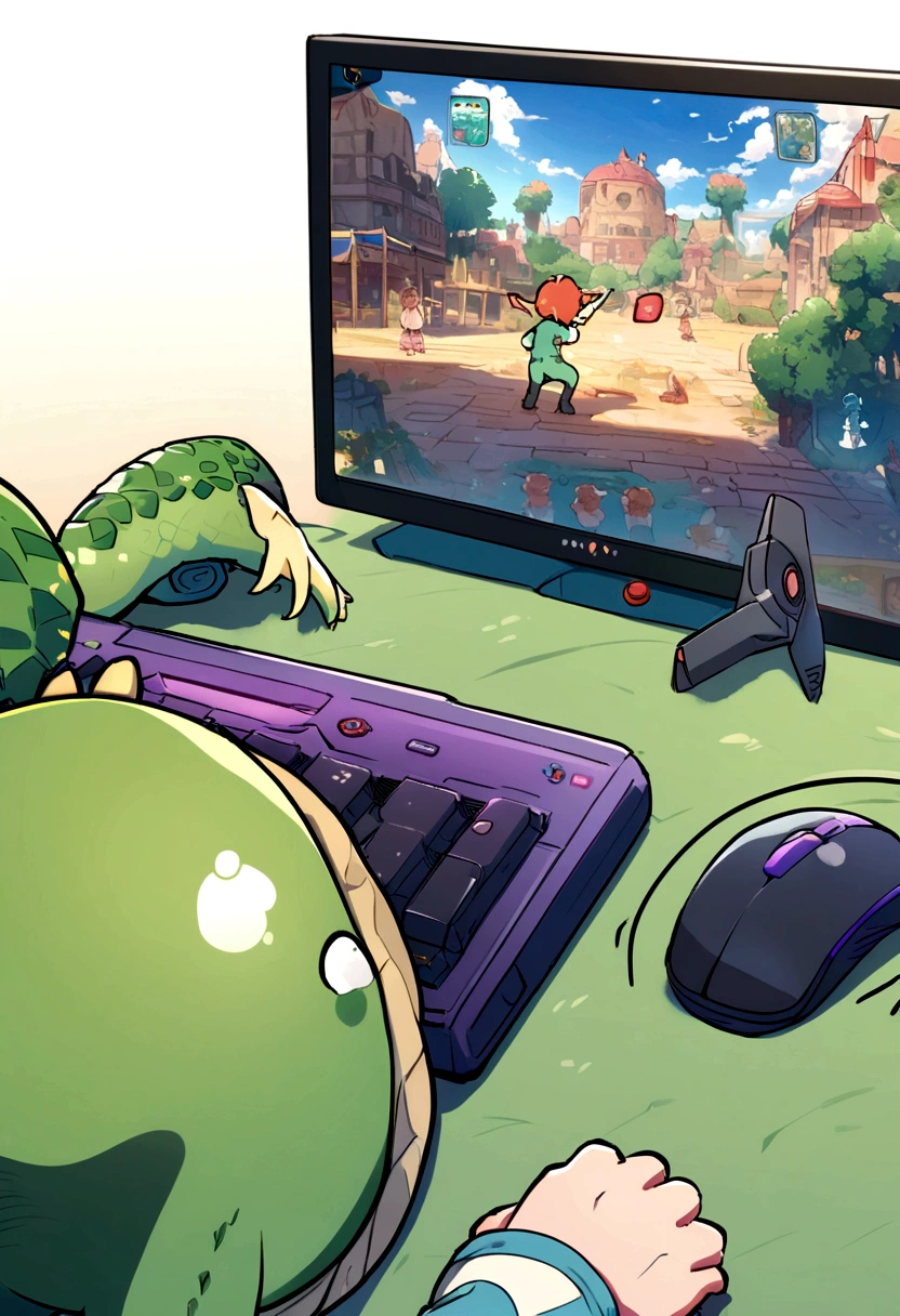 a dinosaur play video game with a pc