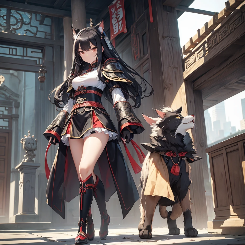 Ancient Chinese armor。Anthropomorphized cat girl。Perm。White and black hair。mini skirt。Arms crossed。Standing with your legs apart。Screaming。Angry。