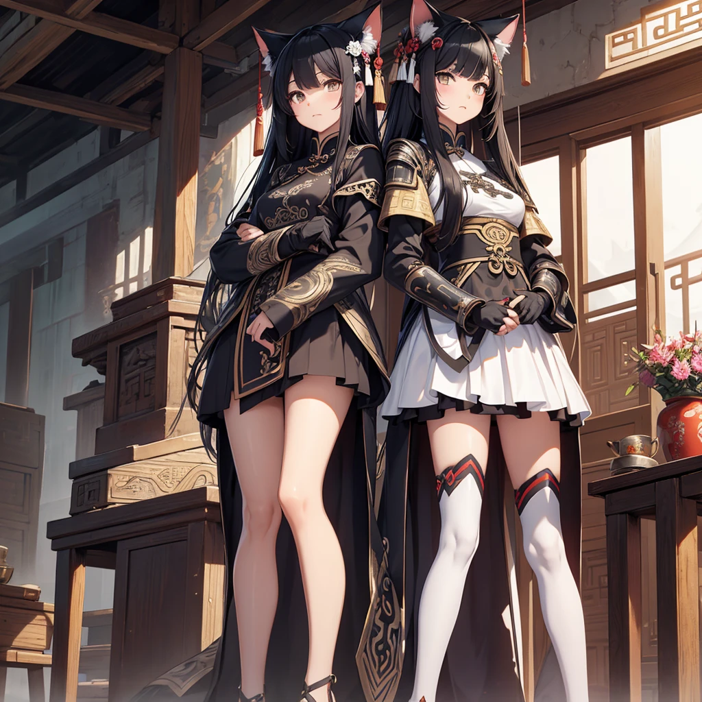Ancient Chinese armor。Anthropomorphized cat girl。Perm。White and black hair。mini skirt。Arms crossed。Standing with your legs apart。Screaming。Angry。