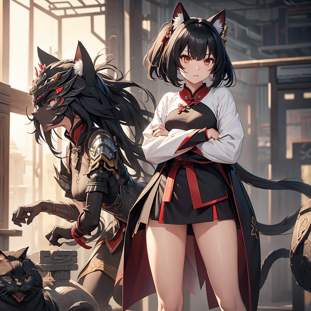 Ancient Chinese armor。Anthropomorphized cat girl。Perm。White and black hair。mini skirt。Arms crossed。Standing with your legs apart。Screaming。Angry。