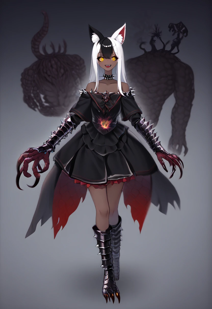 masterpiece:2, high quality:2, best quality:2, corruption, off-shoulder short black seksy short kimono, perfect anatomy, CG:1.9, ultra detailed:1.9, ultra-detailed:1.9, high resolution:1.9, high res:1.9, absurdres:1.9, fox ears, nine fox tails, large hips, ample curves, detailed hands, detailed fingers, detailed feet, detailed toes, 1girl, solo, look at viewer, detailed background:2, eldritch background, horror (theme), (white hair, black hair), dark persona, evil smile, black costume, colored skin, white or dark skin, tendrils, white or dark tendrils, dark tendrils, white or dark tendril body:1.9, body made of white or dark tendrils:1.9, body horror, violence, yandere, crazy, pure evil, monster, monster girl, possessed, corrupted, cosmic horror, eldritch, eldritch abomination, multicolored clothes, tendril clothes:1.4, living clothes:1.4, spikes, white or dark spikes, dress, skirt, ((armor)), full armor:1.8, white or dark corrupted eldritch spiky scaly tendril armor:1.75, white or dark armored scaly tendril dress:1.29, white or dark armored scaly tendril skirt:1.3, shoulder armor, white or dark spiky scaly tendril shoulder armor:1.31, vambraces, white or dark spiky scaly tendril vambraces:1.35, greaves, white or dark spiky scaly tendril greaves:1.35, cuisses, white or dark spiky scaly tendril cuisses:1.35, faulds, white or dark scaly tendril faulds:1.4, cuirass, white or dark scaly tendril cuirass:1.4, chestplate, white or dark scaly tendril chestplate:1.45, claws, white or dark claws, gauntlets, white or dark clawed spiky scaly tendril gauntlets:1.66, boots, white or dark clawed spiky scaly tendril boots:1.66, white or dark shoulder spikes, white or dark spiky tendril bracelet, white or dark spiky tendril armlet, white or dark spiky tendril choker, pauldrons, white or dark spiky scaly tendril pauldrons:1.66, tendril hair, living hair:1.58, crazy smile, open mouth, detailed eyes:2, crazy eyes, colored sclera, black sclera, bright pupils, yellow pupils:1.9, slit pup