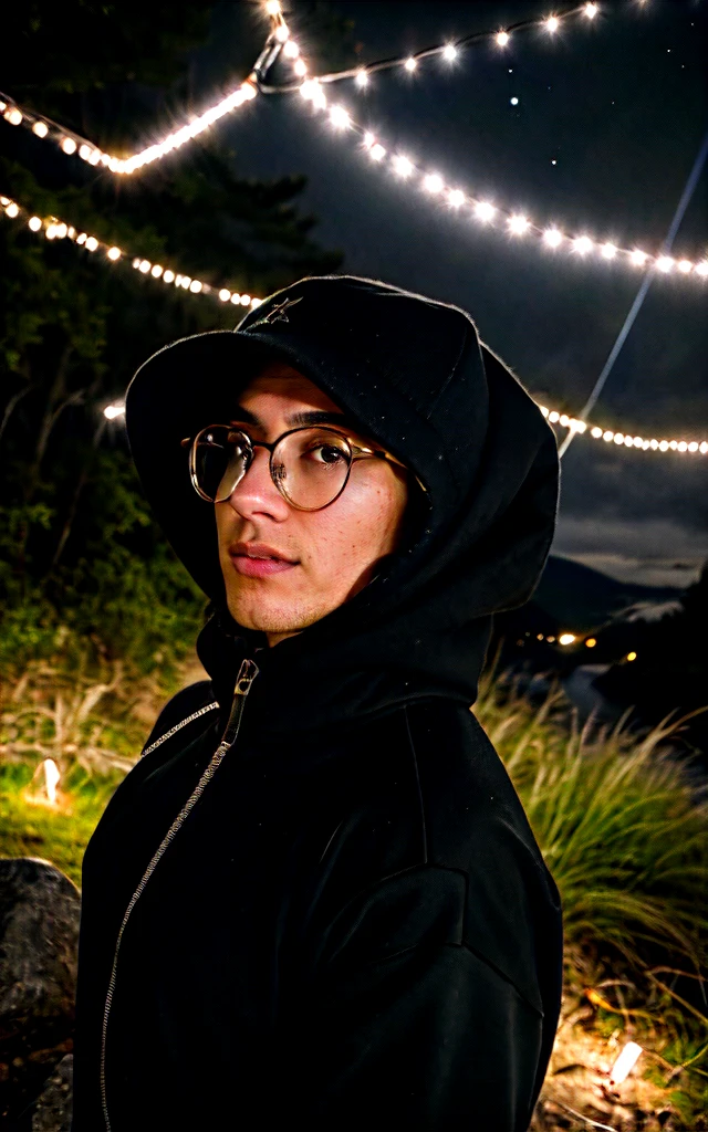 A young man with glasses, dressed in a black t-shirt, in a Samsung Store, happy and showing his Samsung cell phone as if he were doing marketing: photorealist, Best Quality, hyper detailed. Photograph of a beautiful woman in a selfie: Upper part of the body, dressed in a sweater, outdoor, at night, with mountains and real life nature in the background. Stars and the moon in the sky, sleeping bag, gloves, sweater, cap, flashlight in hand, in a forest with rocks, a river and wood, smoking, with fog and a clear sky. analog style, looking at the viewer, skin texture, film grain, close up, ultra high resolution, best shadow, RAW, LUT by Instagram.