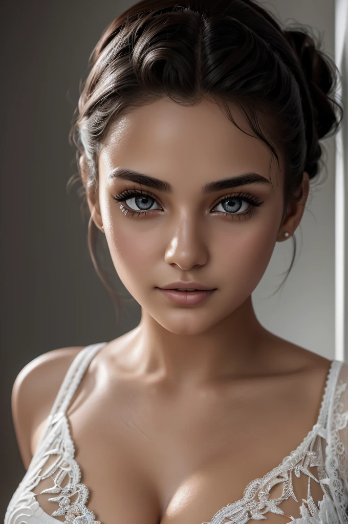 (Ultra Real), (Illustration), (High Resolution), (8K), (Very Detailed), (Best Illustration), 
(Beautiful Detailed Eyes), Brazilian girl wearing jacket open white, 18 years old, showing black lacey see-through bra (big breasts:0.5), hair up messily.