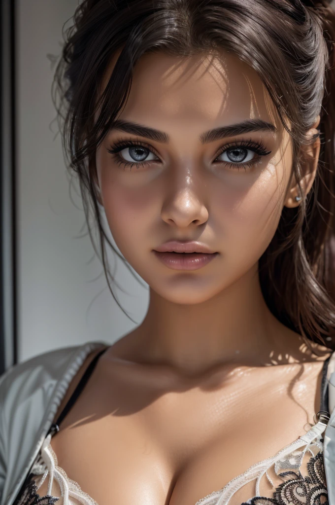 (Ultra Real), (Illustration), (High Resolution), (8K), (Very Detailed), (Best Illustration), 
(Beautiful Detailed Eyes), Brazilian girl wearing jacket open white, 18 years old, showing black lacey see-through bra (big breasts:0.5), hair up messily.