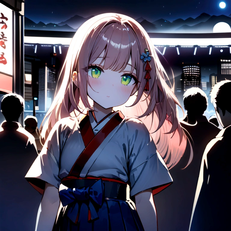 (((masterpiece: 1.5, best quality, high resolution: 1.3, Super Resolution, Super Detail, Super Detail: 1.3, Rich background: 1.2))), 1 girl, Solitary, Green Eyes, Pink long hair，Tied with a blue ribbon, Bangs, Cute hairpin, Uniforms, White Seraphon, Red sailor collar, Short sleeve, Blue pleated skirt, (outdoor), ((city center), (crowd), ((Japanese style: 1.3)), landscape, ((night)), dark, (Low light: 1.1), moon, (moonlight: 1.2), ((Dynamic Light: 1.4)), ((Head close-up))))))