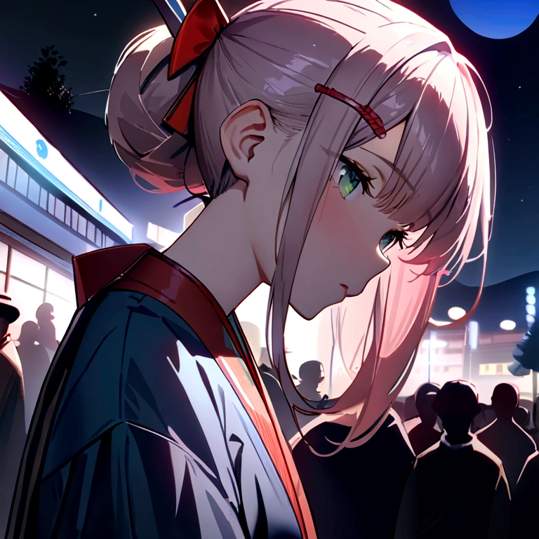(((masterpiece: 1.5, best quality, high resolution: 1.3, Super Resolution, Super Detail, Super Detail: 1.3, Rich background: 1.2))), 1 girl, Solitary, Green Eyes, Pink long hair，Tied with a blue ribbon, Bangs, Cute hairpin, Uniforms, White Seraphon, Red sailor collar, Short sleeve, Blue pleated skirt, (outdoor), ((city center), (crowd), ((Japanese style: 1.3)), landscape, ((night)), dark, (Low light: 1.1), moon, (moonlight: 1.2), ((Dynamic Light: 1.4)), ((Head close-up))))))