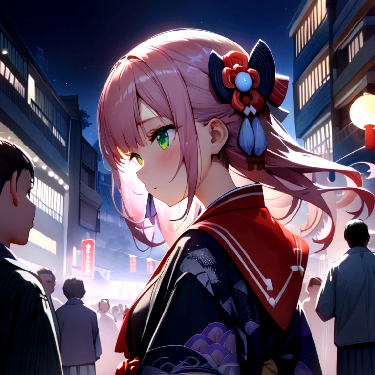 (((masterpiece: 1.5, best quality, high resolution: 1.3, Super Resolution, Super Detail, Super Detail: 1.3, Rich background: 1.2))), 1 girl, Solitary, Green Eyes, Pink long hair,Tied with a blue ribbon, Bangs, Cute hairpin, Uniforms, White Seraphon, Red sailor collar, Short sleeve, Blue pleated skirt, (outdoor), ((city center), (crowd), ((Japanese style: 1.3)), landscape, ((night)), dark, (Low light: 1.1), moon, (moonlight: 1.2), ((Dynamic Light: 1.4)), ((Head close-up))))))