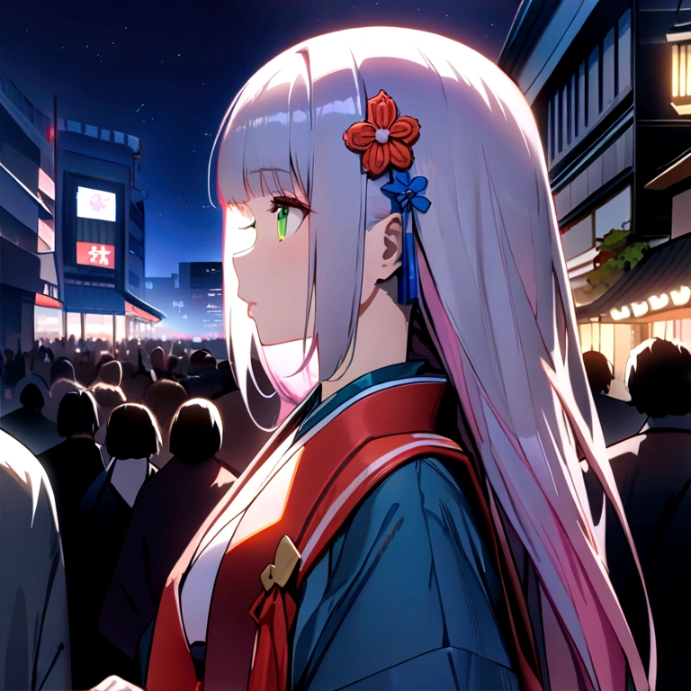 (((masterpiece: 1.5, best quality, high resolution: 1.3, Super Resolution, Super Detail, Super Detail: 1.3, Rich background: 1.2))), 1 girl, Solitary, Green Eyes, Pink long hair，Tied with a blue ribbon, Bangs, Cute hairpin, Uniforms, White Seraphon, Red sailor collar, Short sleeve, Blue pleated skirt, (outdoor), ((city center), (crowd), ((Japanese style: 1.3)), landscape, ((night)), dark, (Low light: 1.1), moon, (moonlight: 1.2), ((Dynamic Light: 1.4)), ((Head close-up))))))
