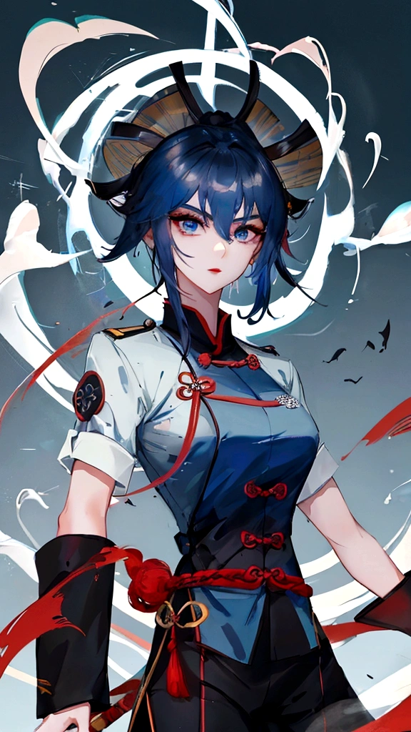 Masterpiece, Best quality, just 1 Tang Wu Tong, the expression is cold, strong, blue eyes, short hair, wolfcut hairstyle, smoky mix blue color hair, resolute eyes, red lips, simple Taoist Taoist uniform, Chinese mix morden, frontal photo, black or white background, simple background, anime, illustration, hafl body, Chinese style short-sleeved shirt, cool girl