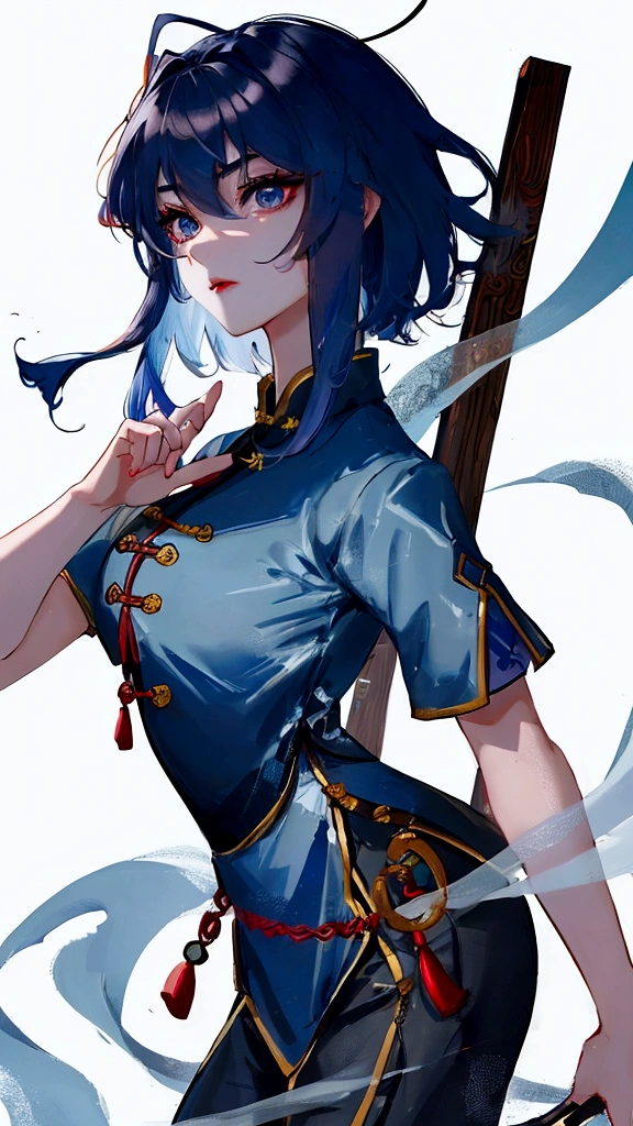Masterpiece, Best quality, just 1 Tang Wu Tong, the expression is cold, strong, blue eyes, short hair, wolfcut hairstyle, smoky mix blue color hair, resolute eyes, red lips, simple Taoist Taoist uniform, Chinese mix morden, frontal photo, black or white background, simple background, anime, illustration, hafl body, Chinese style short-sleeved shirt, cool girl