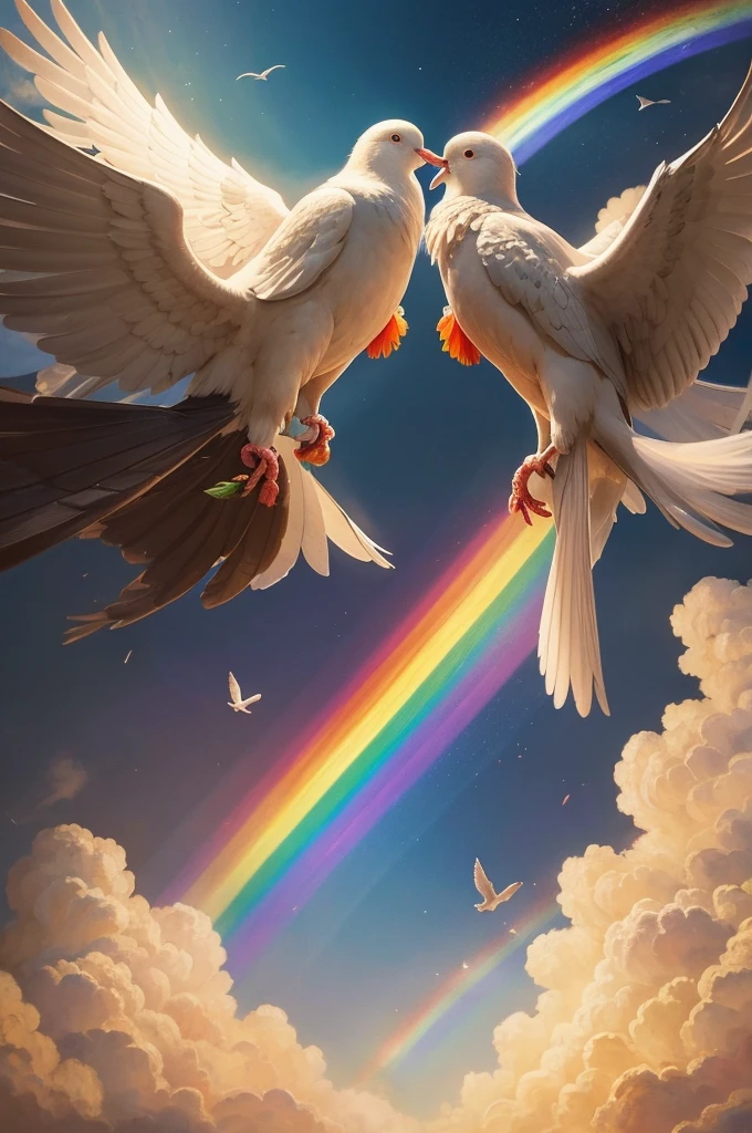 Two groups of people coming together in peace, rainbow or dove in the sky, symbolizing reconciliation and peace, high quality, peaceful painting, warm tones, detailed faces, harmonious atmosphere, symbolic, unity, optimistic, traditional art style, atmospheric lighting