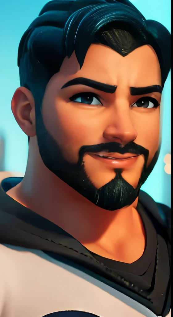 Masterpiece, best quality, high quality, very detailed, 8k character design, (real cartoon, intricate details), 1 boy, solo male, Italian, European boy, 25 years, shiny black hair, short and slicked black hair, masculine haircut, short flat hairstyle, oval shaped face shape with no jawline, chocolate black skin, dark skin, narrow eyes, slightly hooded eyes, sapphire blue eyes, aquiline nose, bumped nose, thin lips, overall average looking, slightly chubby physique, chubby muscular, smiling, visible teeth, light beard, wearing a black shirt, sleeves up shirt, face only,portrait style, night city in background, high detailed, Disney style, zagtoon style, miraculous ladybug style, artstation intricate, animated