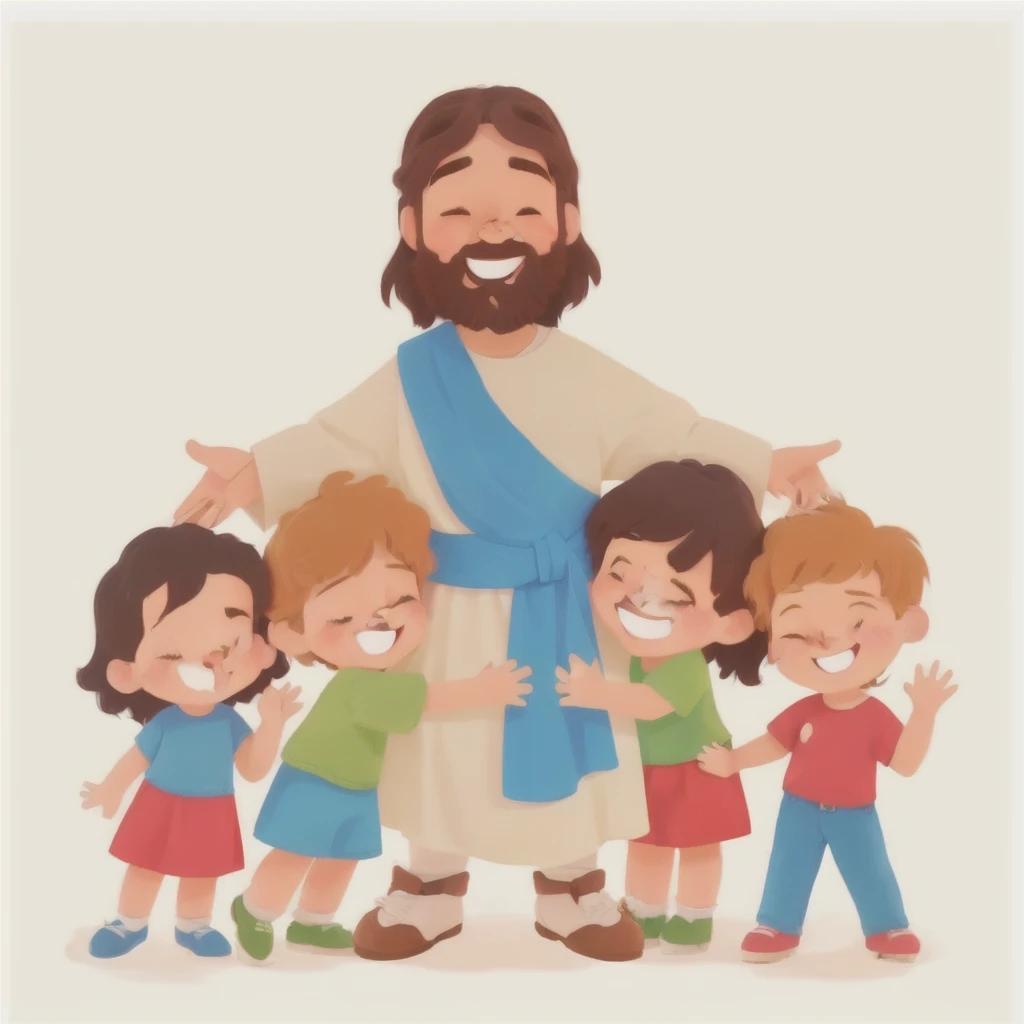 um desenho animado de jesus com childs e uma mulher, illustration da Bíblia, JesusChrist, children's cartoon, illustration , Jesus wasted on a , , dressed like JesusChrist, Christian art, illustration dos desenhos animados, is he happy, sacred theme, be delighted and happy, biblical art style, with Jesus, illustration emocionante, by Jakob Gauermann, childs book illustration