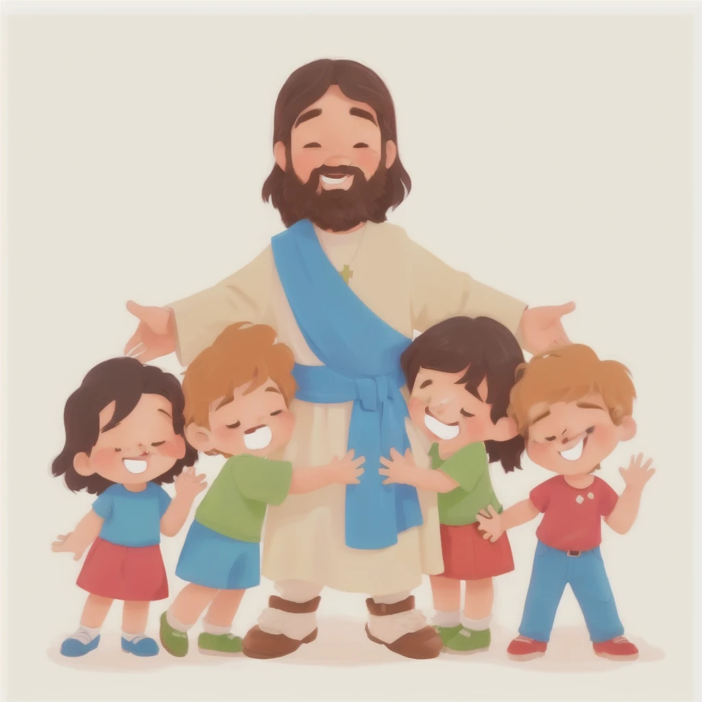 um desenho animado de jesus com childs e uma mulher, illustration da Bíblia, JesusChrist, children's cartoon, illustration , Jesus wasted on a , , dressed like JesusChrist, Christian art, illustration dos desenhos animados, is he happy, sacred theme, be delighted and happy, biblical art style, with Jesus, illustration emocionante, by Jakob Gauermann, childs book illustration