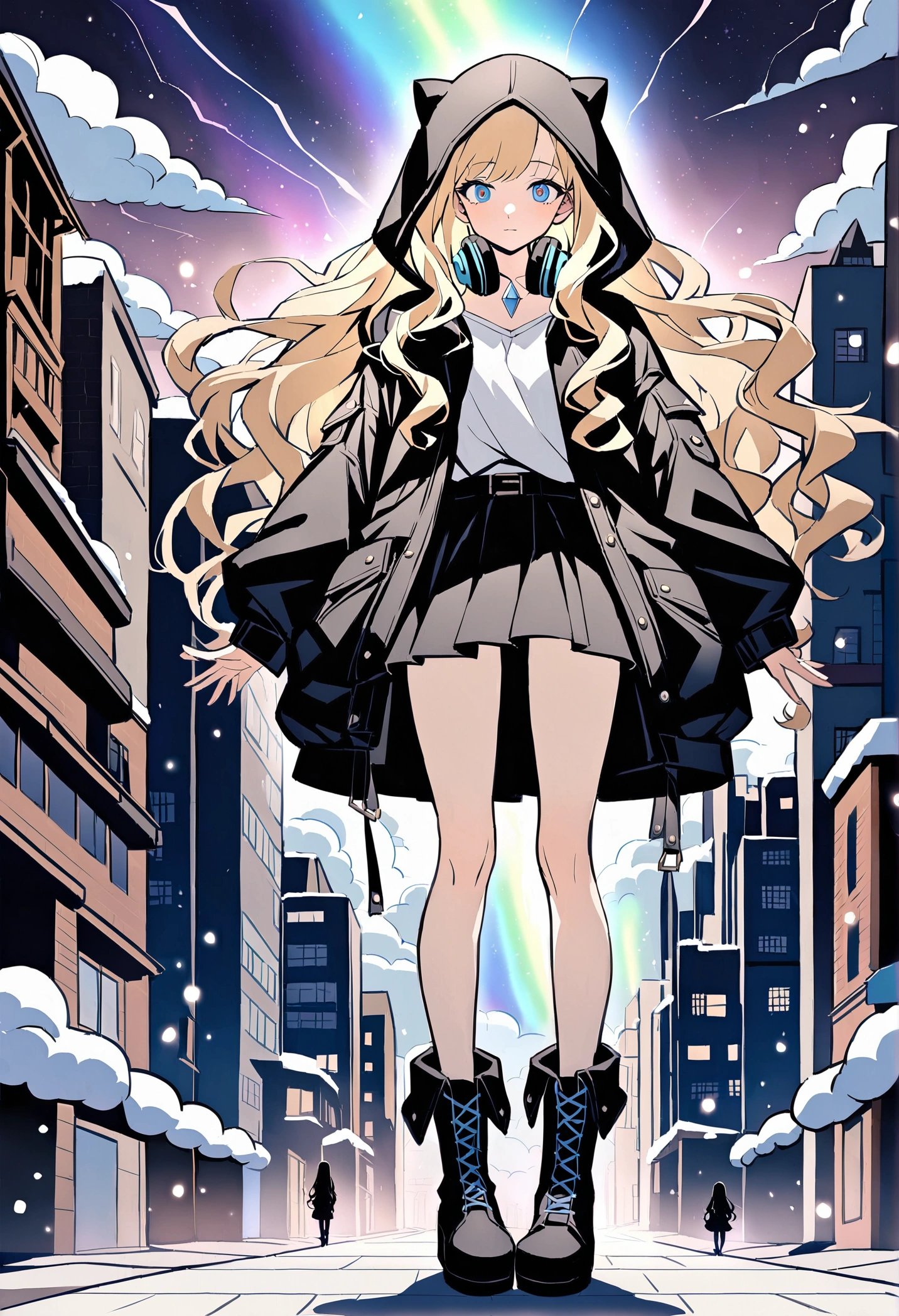 Anime Style　whole body　Blonde　Blue Eyes　Wavy Hair　Long Hair　Slit eyes　cool　cute　beautiful girl　168cm　17 years old　Punk Fashion　Black leather jacket　Removed black hood　White blouse　Black Skirt　Headphones on neck　Black boots　Dark Night　Cyber City　Different world　Gloomy air　Aurora　Light blue clouds　Fantasy　ice　Diamond dust　snow　吹snow　Beautiful feet　Shoulder baring　clear