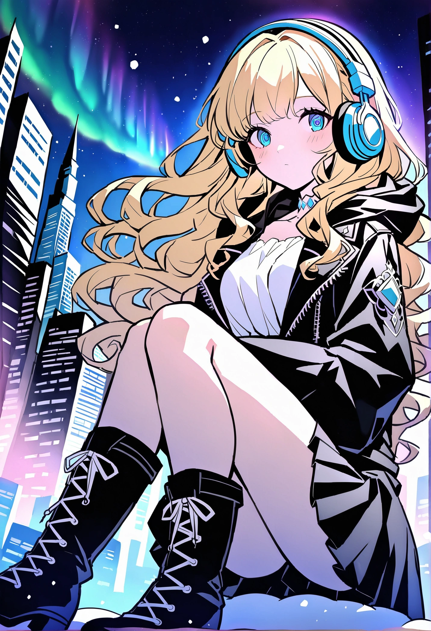 Anime Style whole body Blonde Blue Eyes Wavy Hair Long Hair Slit eyes cool cute beautiful girl 168cm 17 years old Punk Fashion Black leather jacket Removed black hood White blouse Black Skirt Headphones on neck Black boots Dark Night Cyber City Different world Gloomy air Aurora Light blue clouds Fantasy ice Diamond dust snow 吹snow Beautiful feet Shoulder baring clear