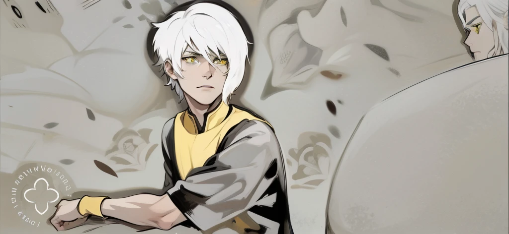 There is a 27-year-old man with white hair and yellow eyes. He is talking about something serious.