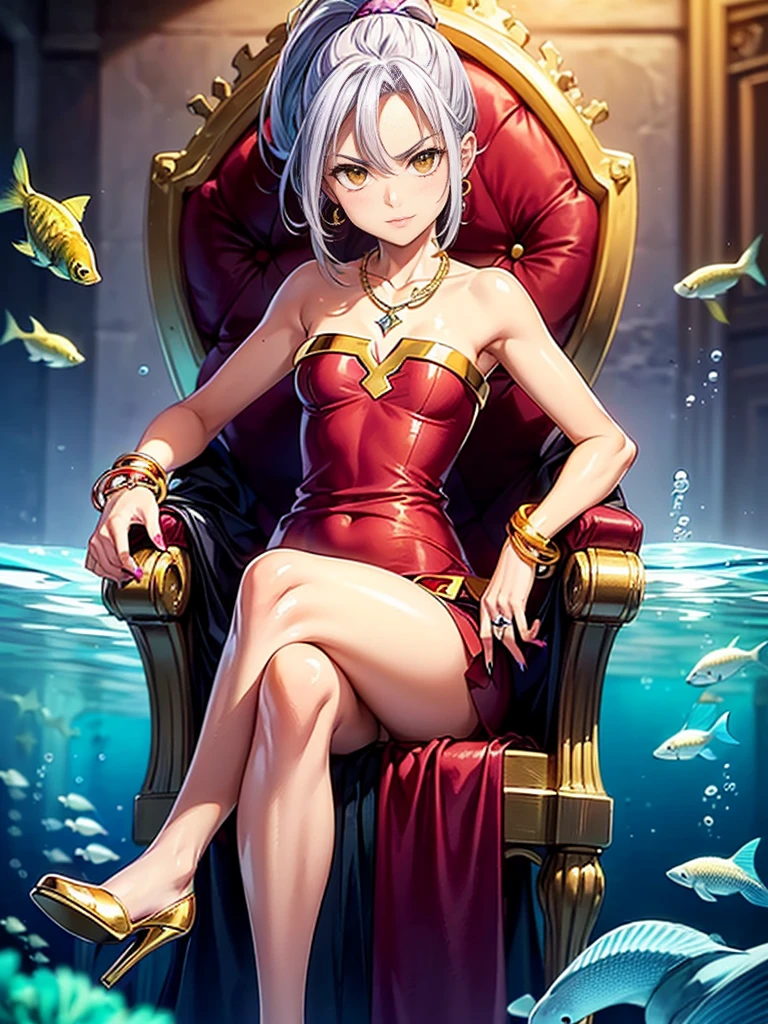 ((1girl, solo ,alone, megumin, Ponytail, yellow eyes, white hair, ((short woman, small breasts)), painted nails, gold bracelets, ruby earrings)), ((solo, 1woman, pink lipstick, Extremely detailed, ambient soft lighting, 4k, perfect eyes, a perfect face, perfect lighting, a 1girl)), austere, ((sitting on a throne, ((legs crossed, high heels, underwater, submerged in the ocean, deep sea, sea creatures, aqua)), sitting on her throne under; water, sea queen, mu yanling, Krenz Cushart and Artgerm, ((fish, coral)), shark, turtle, algae)), ((long dress, elegant violet dress , formal dress, violet dress, bracelets, ruby earrings, gold necklace, diamond, sovereign))