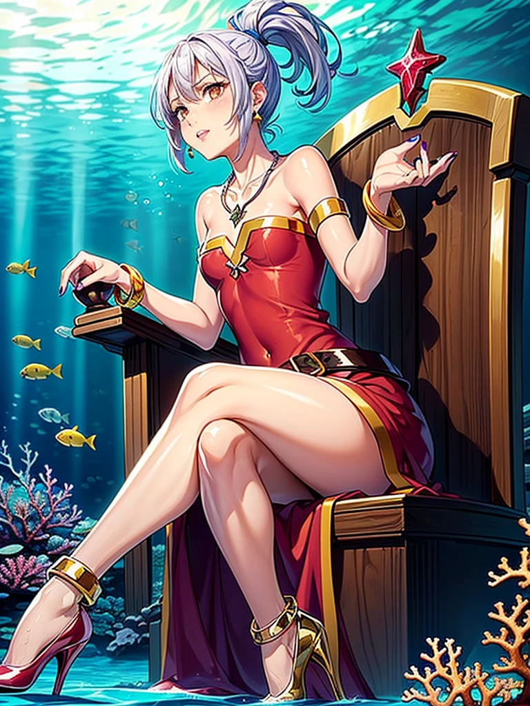 ((1girl, solo ,alone, megumin, Ponytail, yellow eyes, white hair, ((short woman, small breasts)), painted nails, gold bracelets, ruby earrings)), ((solo, 1woman, pink lipstick, Extremely detailed, ambient soft lighting, 4k, perfect eyes, a perfect face, perfect lighting, a 1girl)), austere, ((sitting on a throne, ((legs crossed, high heels, underwater, submerged in the ocean, deep sea, sea creatures, aqua)), sitting on her throne under; water, sea queen, mu yanling, Krenz Cushart and Artgerm, ((fish, coral)), shark, turtle, algae)), ((long dress, elegant violet dress , formal dress, violet dress, bracelets, ruby earrings, gold necklace, diamond, sovereign))