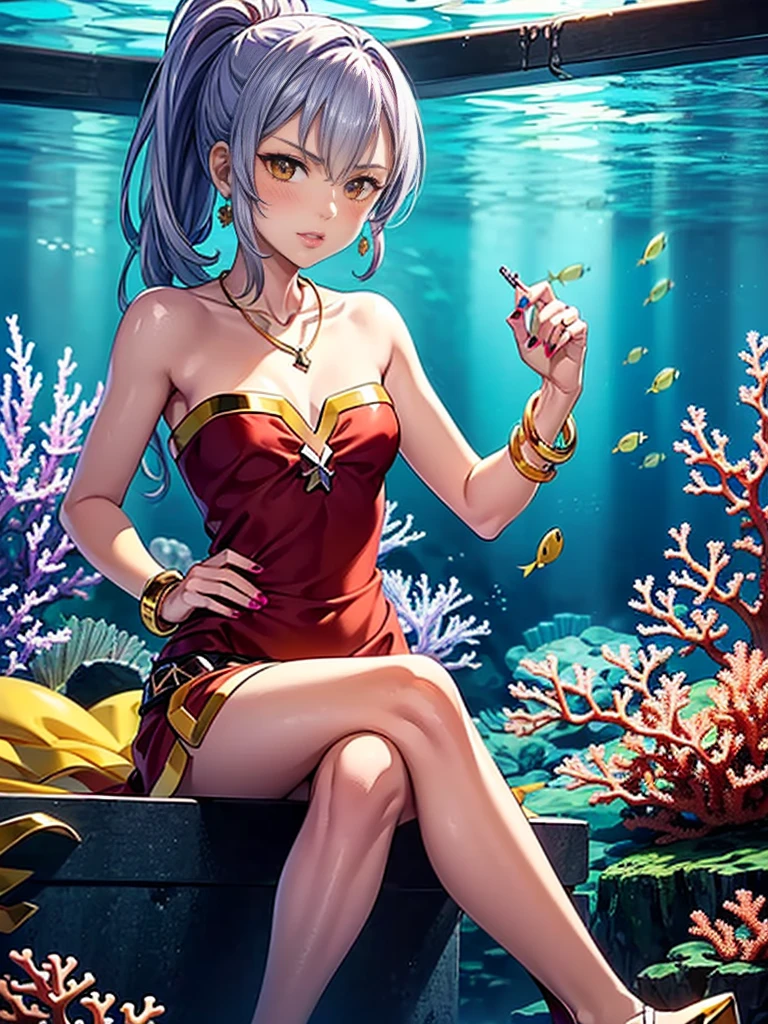 ((1girl, solo ,alone, megumin, Ponytail, yellow eyes, white hair, ((short woman, small breasts)), painted nails, gold bracelets, ruby earrings)), ((solo, 1woman, pink lipstick, Extremely detailed, ambient soft lighting, 4k, perfect eyes, a perfect face, perfect lighting, a 1girl)), austere, ((sitting on a throne, ((legs crossed, high heels, underwater, submerged in the ocean, deep sea, sea creatures, aqua)), sitting on her throne under; water, sea queen, mu yanling, Krenz Cushart and Artgerm, ((fish, coral)), shark, turtle, algae)), ((long dress, elegant violet dress , formal dress, violet dress, bracelets, ruby earrings, gold necklace, diamond, sovereign))