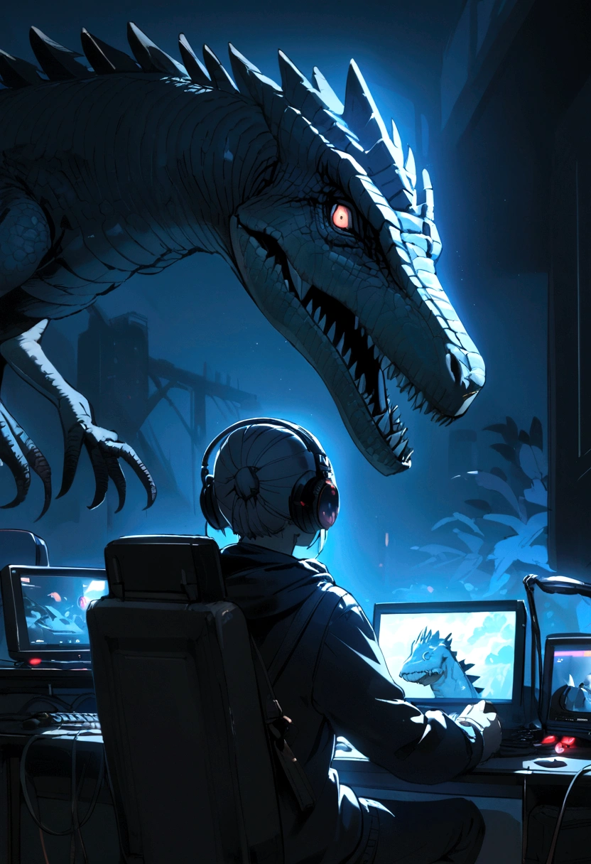 a dinosaur who play video game with a pc