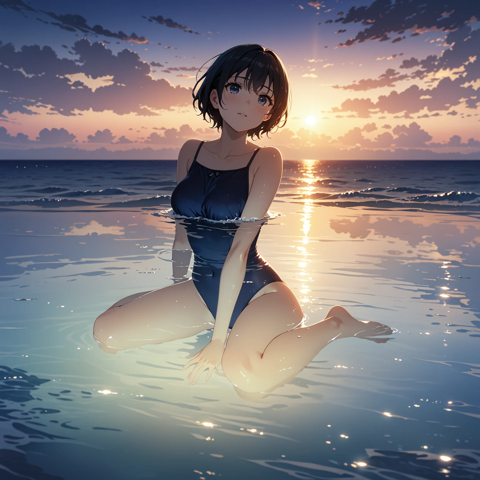 1girl、Black Hair、Navy blue swimsuit、Ocean、Oceanに浸かる、In the water、evening、Reflection on the water、透明なOcean、deep faint light 、 detailed CG、high resolution