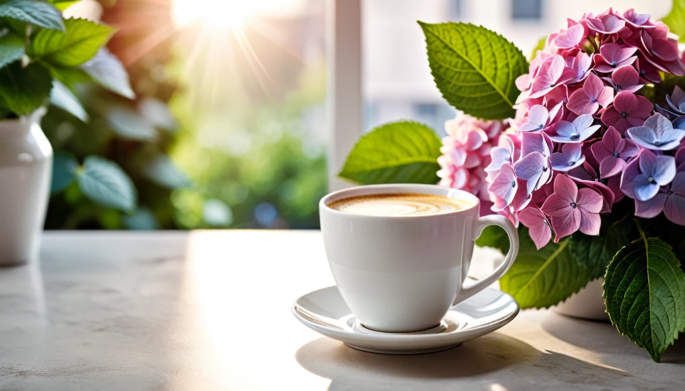Best still life composition(best quality,4K,8K,High resolution,masterpiece:1.2),Super detailed,(Practical,photoPractical,photo-Practical:1.37),latté(clear focus、obvious)There is slight smoke in the white ceramic cup.Artist coffee impression.White sweater with clear texture,Wrinkles arranged randomly...Sophisticated and elegant.A bouquet of bright hydrangeas in pastel pink tones laid out flat from above(Lying flat on the table.From top to left.Make space on your desk)..Modern style cafe bokeh background.Super detailed.(Super quality,Super detailed,Ultra-complex,Extremely complex)Soft and natural light and shadow.Reverse fragrance.no humans.Ultra wide angle, (Detailed texture),Background covered with film grain, natural soft light,(Morning Scene.warm sunshine in the morning)Ray tracing, Vignette, Wide-angle lens, Ultra wide angle, best qualitycinematic lighting, Depth of Field, outer boundary, Negative space, Letterbox header image