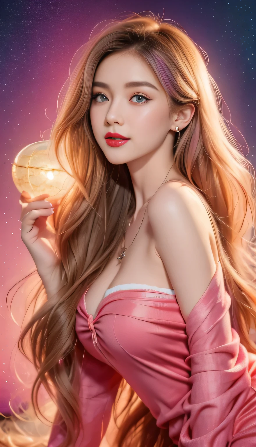 hair bobbles, wince, longeyelashes, solid circle eyes, light smile, ear blush, fang, ccurate, Surrealism, drop shadow, anaglyph, stereogram, tachi-e, ass pov, atmospheric perspective, 8K, super detail, best quality, award winning, super detail, anatomically correct, uhd, retina, masterpiece, textured skin, high details, best quality, highres, high quality, accurate，Close-up of a woman with Colorful hair and necklace, Universe long hair anime girl, The soft vibrancy of Rossdraws, Guvez-style artwork, Fantasy art style, Colorful], Vibrant fantasy style, Rossdraws Vibrant cartoons, cosmic and Colorful, Gu Weiss, Colorful digital fantasy art, Stunning art style, Beautiful anime style, Full body lighting, Skin brightening, Sexy expressions
