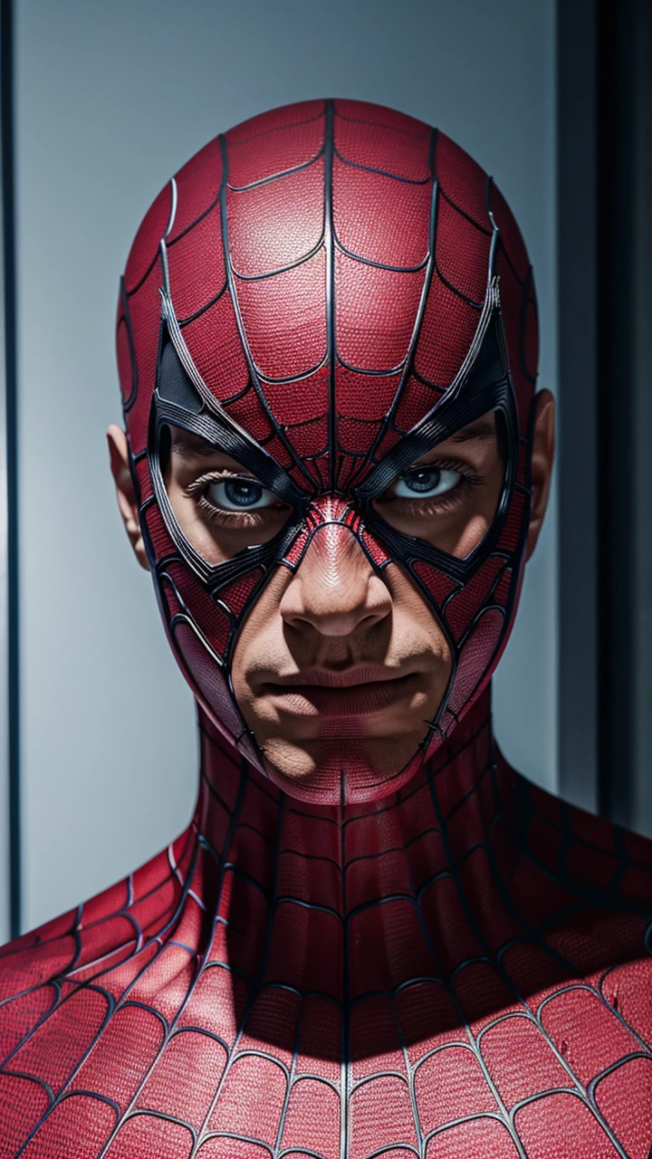 Spiderman sute,realistic,face broken,muscular, highest quality,sharp eyes,best details,