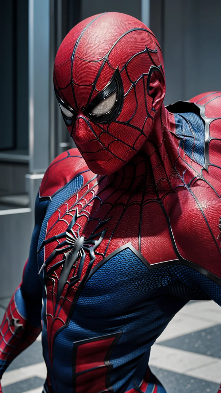 Spiderman sute,realistic,face broken,muscular, highest quality,sharp eyes,best details,